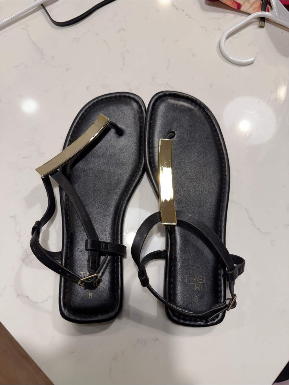 Time and Tru Black Sandals with Gold Bar Accent